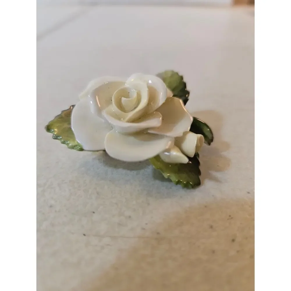 Vintage Cara China Staffordshire White Rose Brooch Made in England Porcelain